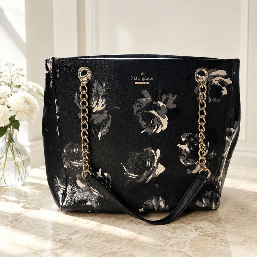 : Kate Spade New York Black Floral Patent Tote Bag Gold Chain Shoulder Purse